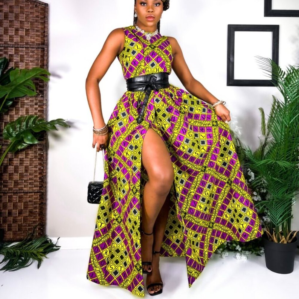 Titilayo Maxi Dress -Women’s Stretchy Dress In African Print (Purple & Yellow)